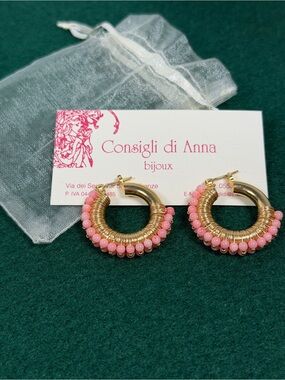Boutique Pink Beaded Gold Hoop Earrings | Statement Hoops